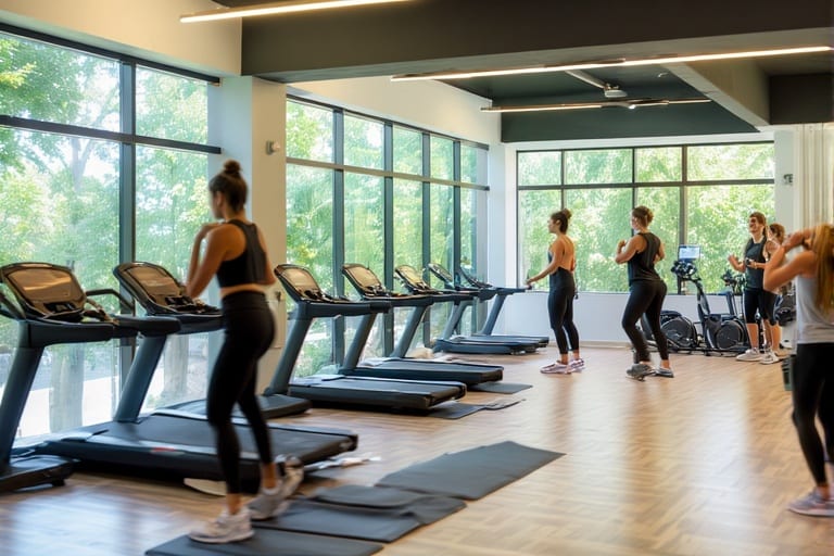 Elite Fitness Studio interior with cardio equipment and class in session