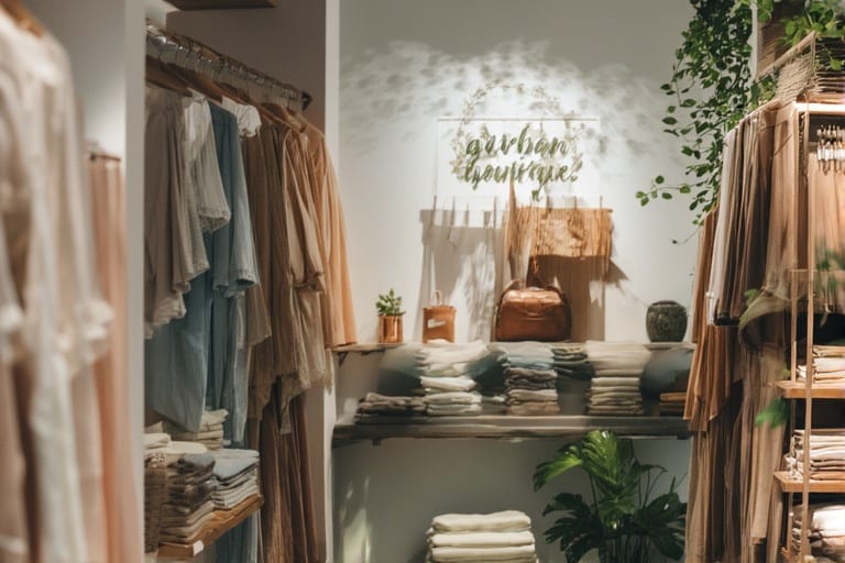 Urban Boutique store interior with clothing and shoes on shelves